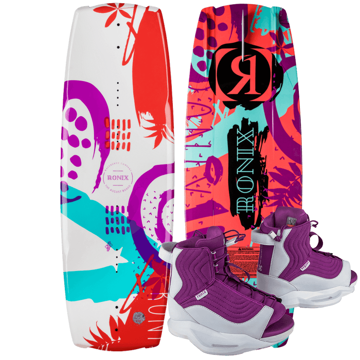 The Ronix 2025 August Wakeboard and August Bindings offer a vibrant set of two colorful wakeboards with purple boots, showcasing abstract patterns in red, purple, and blue. Perfect for next-generation rippers aiming for stability and progression, one wakeboard is predominantly white with red accents, while the other features a dynamic blend of teal and red.