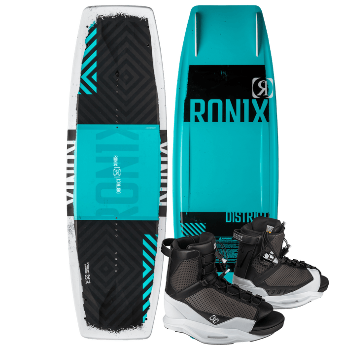 The Ronix 2025 District Wakeboard paired with District Bindings features a sleek black and cyan design, complete with boots for explosive jumps. Its innovative hybrid rocker guarantees optimal performance on the water.