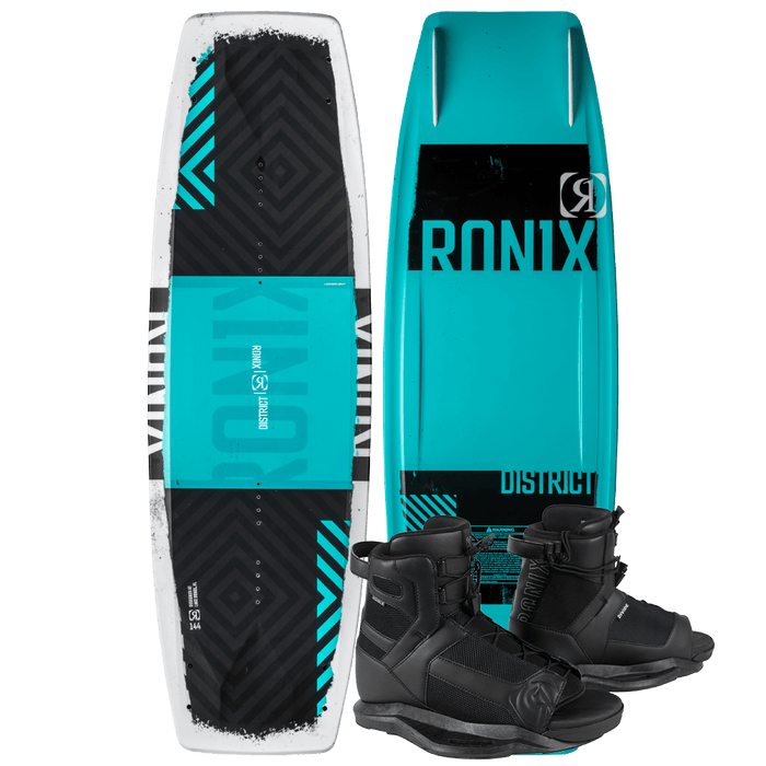 This wakeboard equipment set includes a Ronix 2025 District Wakeboard with a Hybrid Rocker design for explosive jumps, along with matching Divide bindings in black.