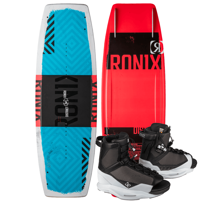 A set of Ronix wakeboards, featuring a vibrant blue and red design accented with black details, comes complete with bindings. These versatile all-purpose wakeboards, equipped with a hybrid rocker, are perfect for enthusiasts. This includes the renowned Ronix 2025 Kid's District Wakeboard model.