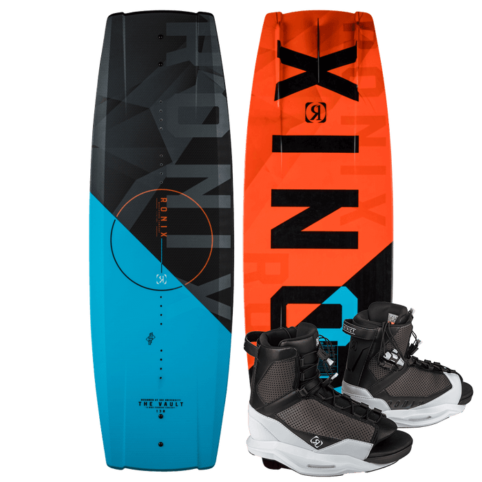 The Ronix 2025 Kid's Vault Wakeboard with District Bindings showcases an eye-catching blue and orange design adorned with distinct Ronix branding, accompanied by a pair of stylish black bindings, making it perfect for exciting wakeboarding adventures.