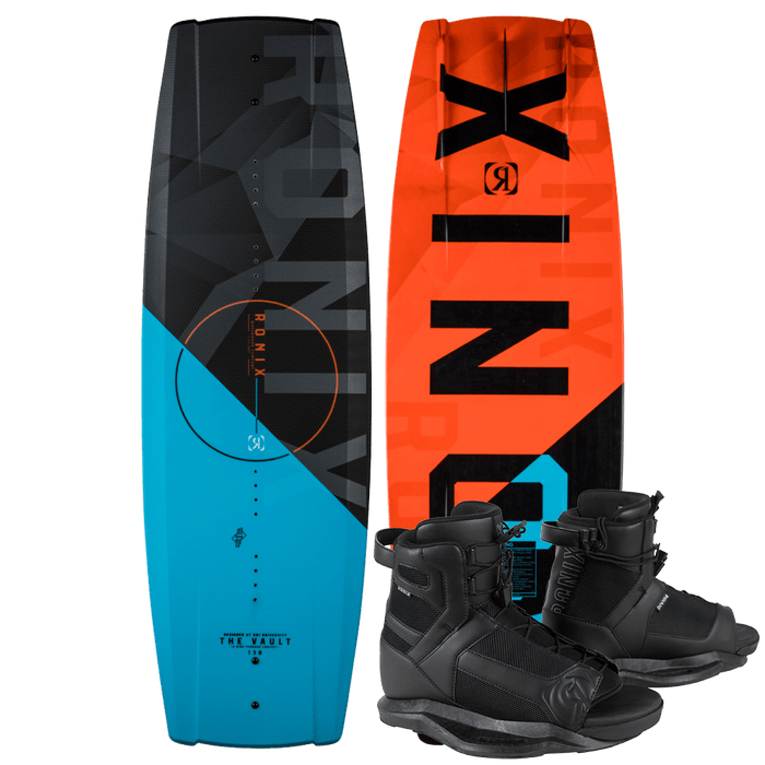 Explore the Ronix 2025 Kid's Vault Wakeboard with Divide Bindings, featuring a sleek black and blue design with striking orange accents and matching black boots. Engineered by Ronix for optimal weight reduction, this set enhances your wakeboarding skills for a smoother water experience.