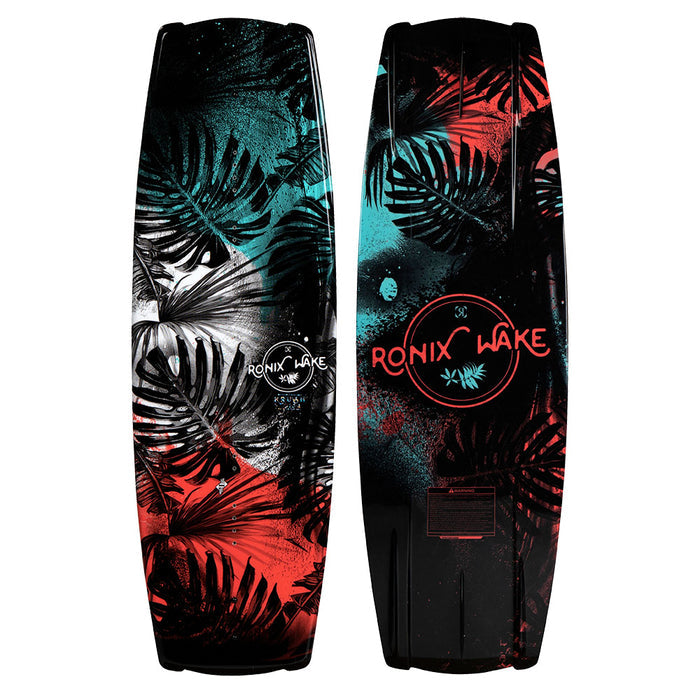 The Ronix 2025 Krush Wakeboard features striking leaf patterns in black, red, and turquoise alongside the Ronix logo. Ideal for wakeboarding enthusiasts, this board is perfectly paired with Divide Bindings for an exceptional experience on the water.