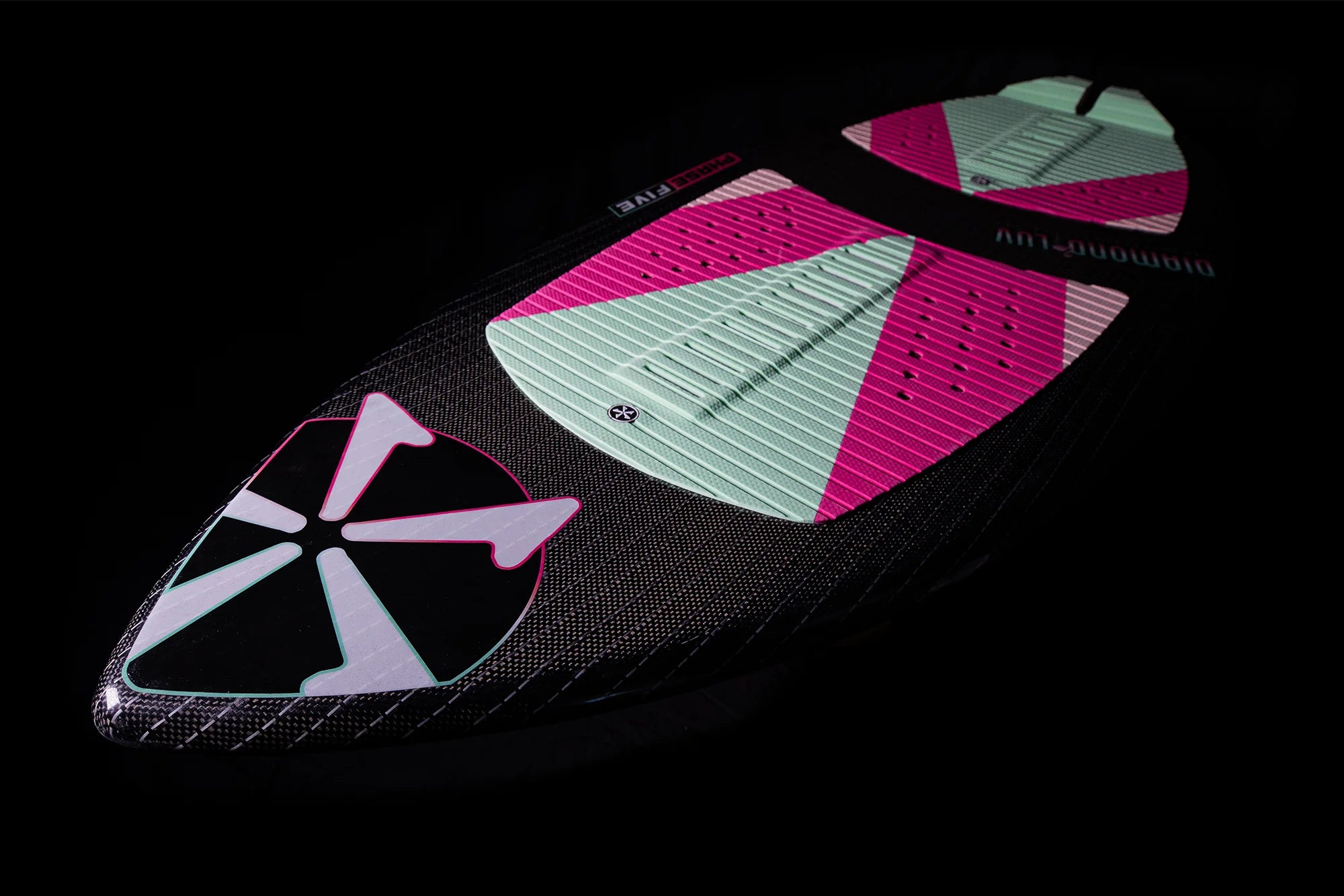 A Phase Five 2024 Diamond Luv wakesurfer board with a black and pink design.