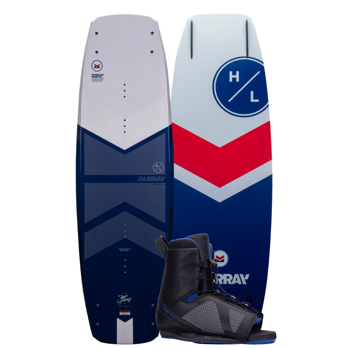 The Hyperlite 2022 Murray Pro Wakeboard | Team OT Bindings, accompanied by a pair of boots, offers the ultimate wakeboarding experience.
