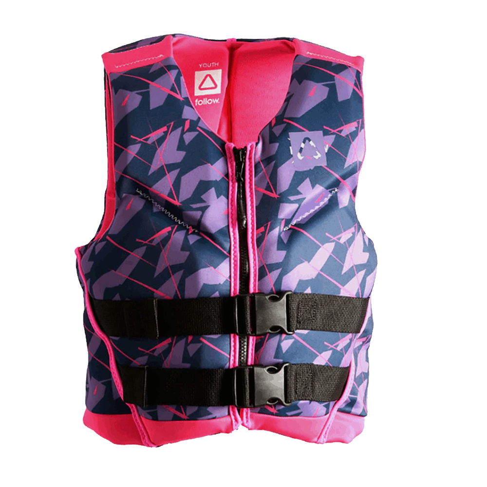 A Follow Wake women's life jacket with maximum fit adjustment and pink and purple camouflage, called the Follow Pop Youth CGA Jacket - Purple.