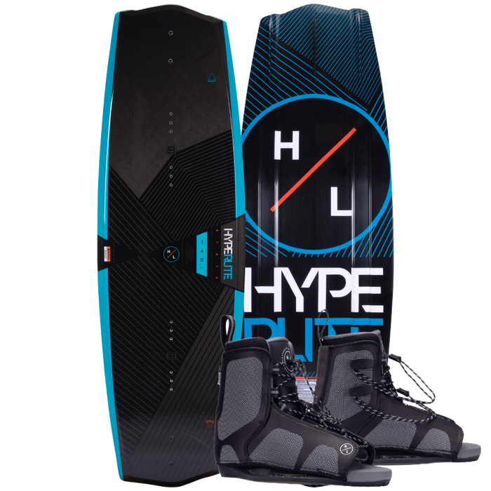 A Hyperlite 2023 State 2.0 Wakeboard | Remix Bindings package featuring the Hyperlite State 2.0 board and a pair of boots. The wakeboard showcases an asymmetrical design for enhanced performance.