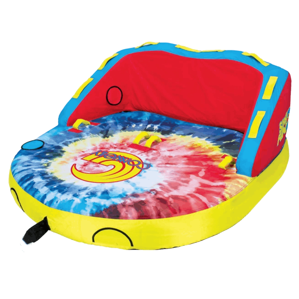 A Connelly Super Fun 2 Tube float with a red, blue, and yellow design.