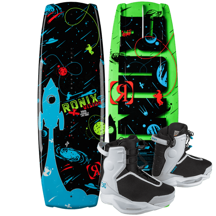 Two vibrant Ronix 2025 Kid's Vision wakeboards with abstract designs and asymmetric features for improved stability and progression, paired with a set of black and white Vision Pro wakeboarding boots.
