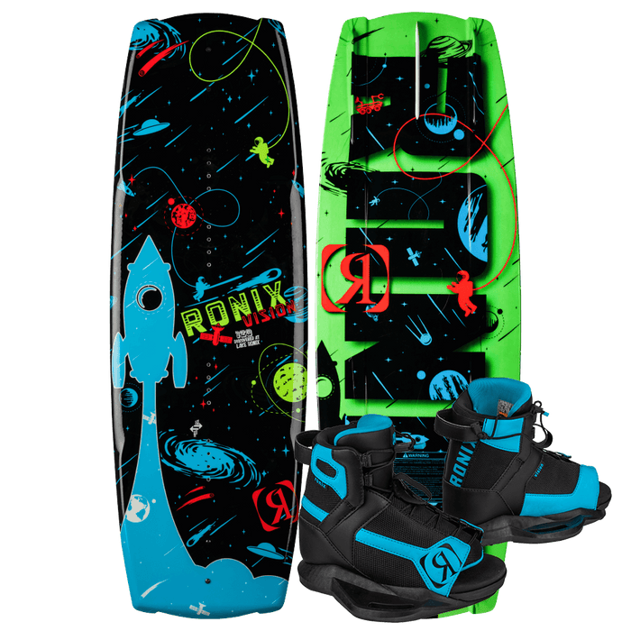 The Ronix 2025 Kid's Vision Wakeboard, adorned with an outer space theme showcasing rockets and planets, comes with Vision bindings in black and blue, designed to enhance wakeboard stability.