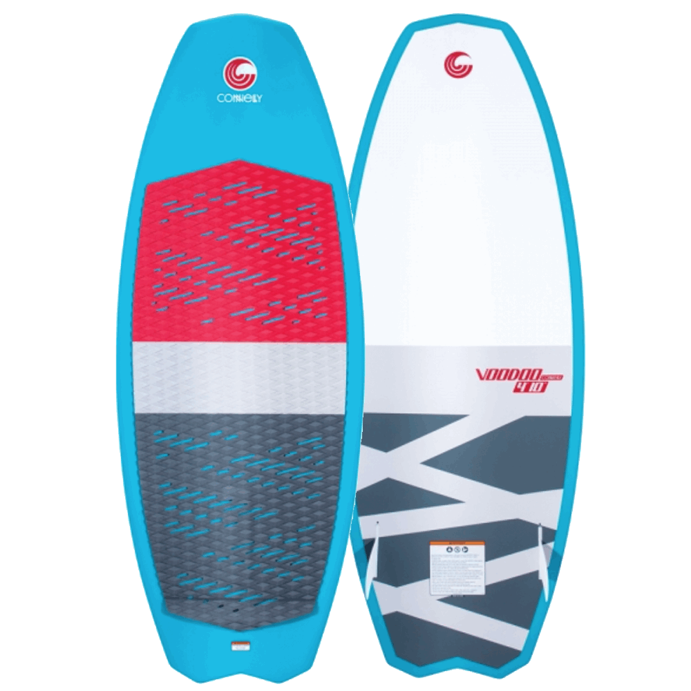 A Connelly 2022 Voodoo Wakesurf Board with a red, blue, and white design featuring Hybrid Style construction.