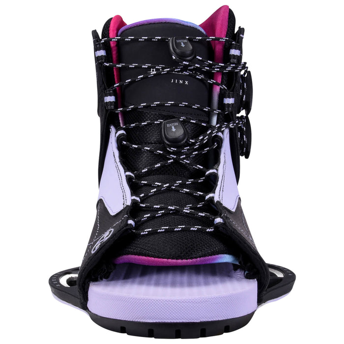 A pair of Hyperlite women's black and purple wakeboard boots featuring Hyperlite Cadence bindings.