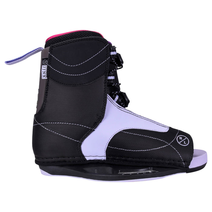 Against a plain backdrop, the Hyperlite 2025 Eden Jr Wakeboard with Jinx Girls Bindings is showcased in black and white. These bindings are thoughtfully designed with laces and a heel pull loop, making them ideal for junior girls honing their wakeboarding skills.