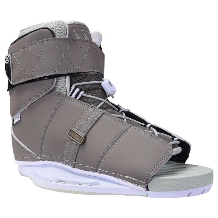 A pair of Hyperlite 2024 Prizm Wakeboard | Womens Viva Bindings in Prizm grey on a white background.