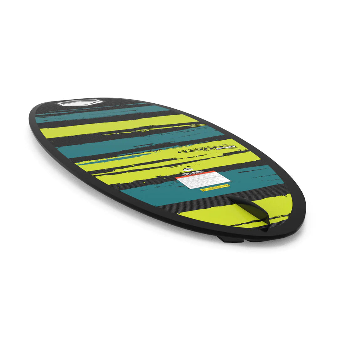 A Liquid Force 2024 Reign Pro Wakesurf Board (Pre-Order) with a green and yellow stripe on it featuring a Full Carbon Layup.