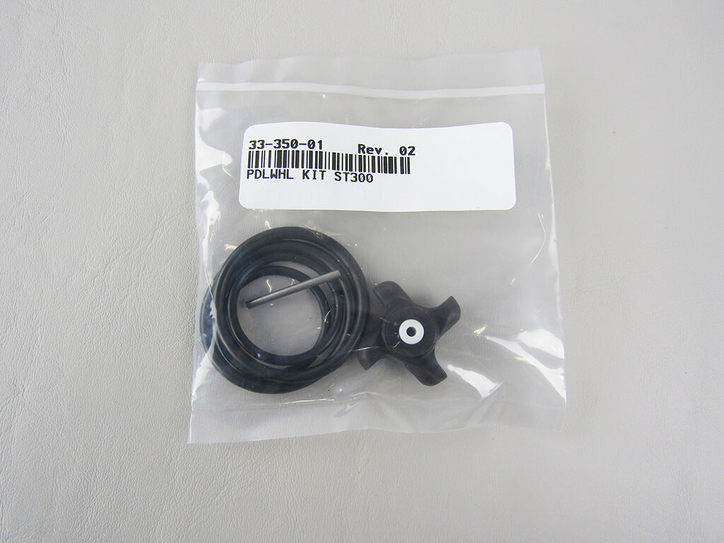 A sealed plastic bag labeled "Malibu/Perfect Pass Paddlewheel Repair Kit (006258)" contains a black rubber gasket, metal pin, and black plastic knob—essential parts from Malibu for paddlewheel repair.