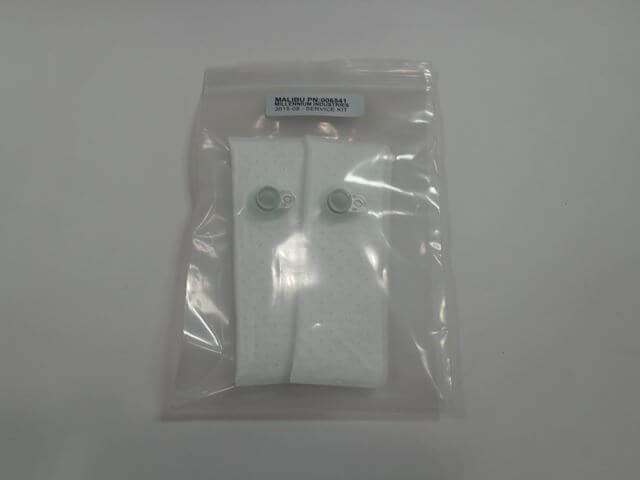A clear plastic bag containing two Malibu Fuel Filter - Gen 3 Module pieces (006541) by Malibu, displayed on a plain white background.
