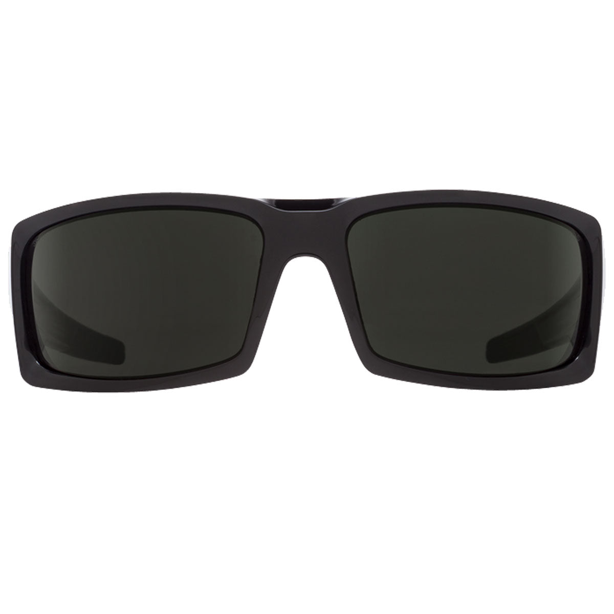 Front view of Spy General sunglasses by Spy, in black with Happy Gray Green polarized lenses offering UV protection, set against a plain white background.