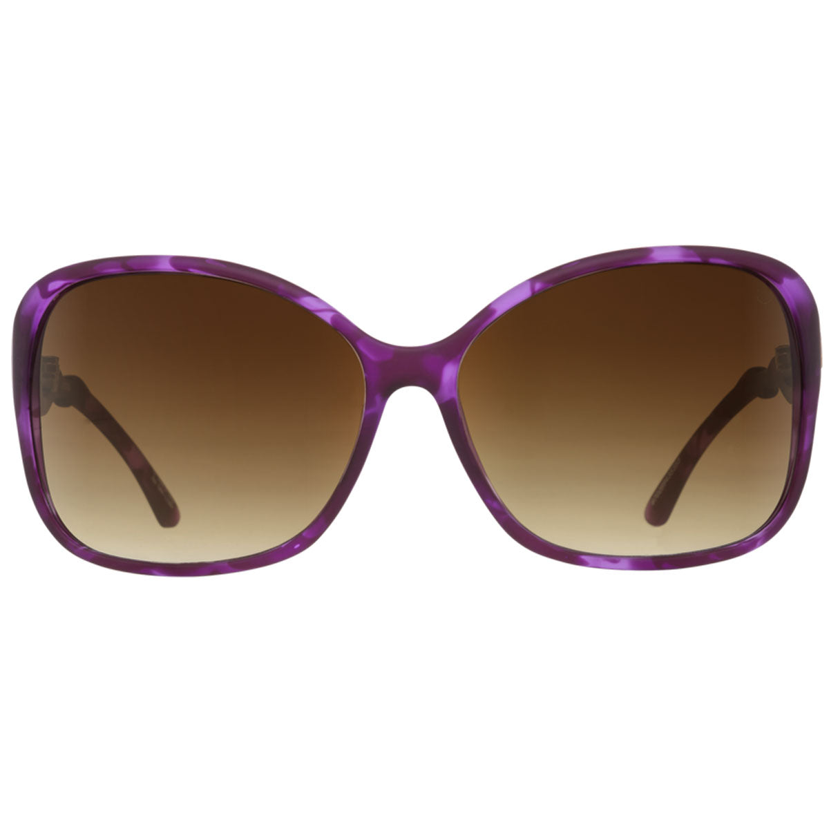 Spy Fiona sunglasses by Spy in Purple Tort feature oversized UV-protective, marbled frames and large rounded rectangular polycarbonate ARC lenses with a Happy Bronze Fade, shown on a white background.