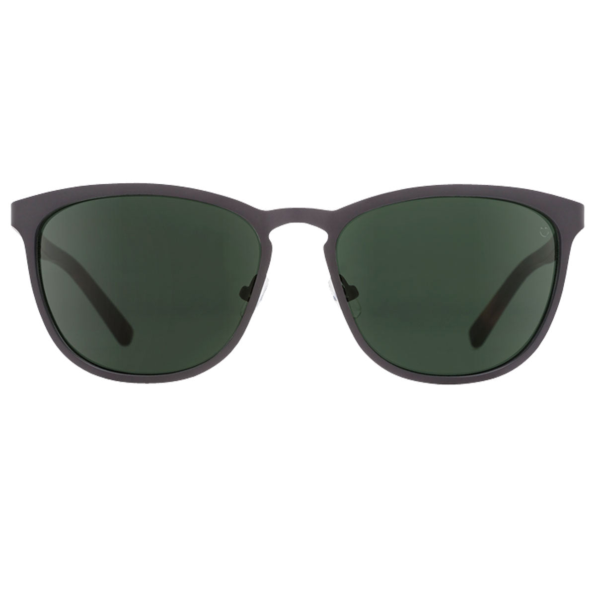 The Spy Cliffside sunglasses by Spy feature a matte black and honey tort full-rim frame in handmade acetate with slightly rounded rectangular Happy Gray Green lenses, shown on a white background.