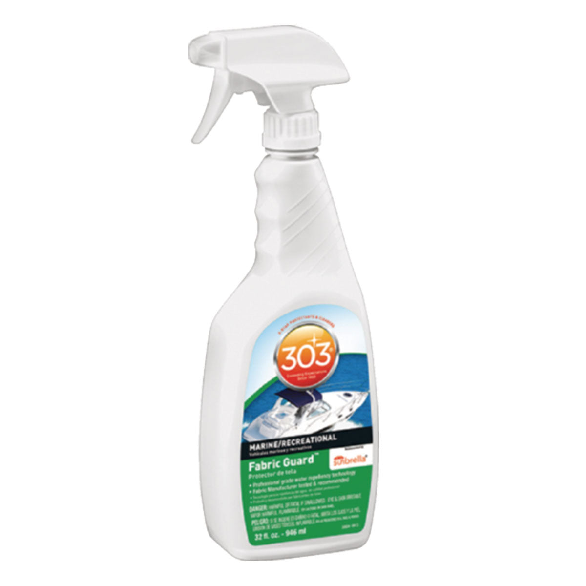 A white spray bottle of 303® Fabric Guard 32 oz. by 303, with a green and blue label featuring a boat, restores outdoor fabrics with superior water repellency and stain protection.