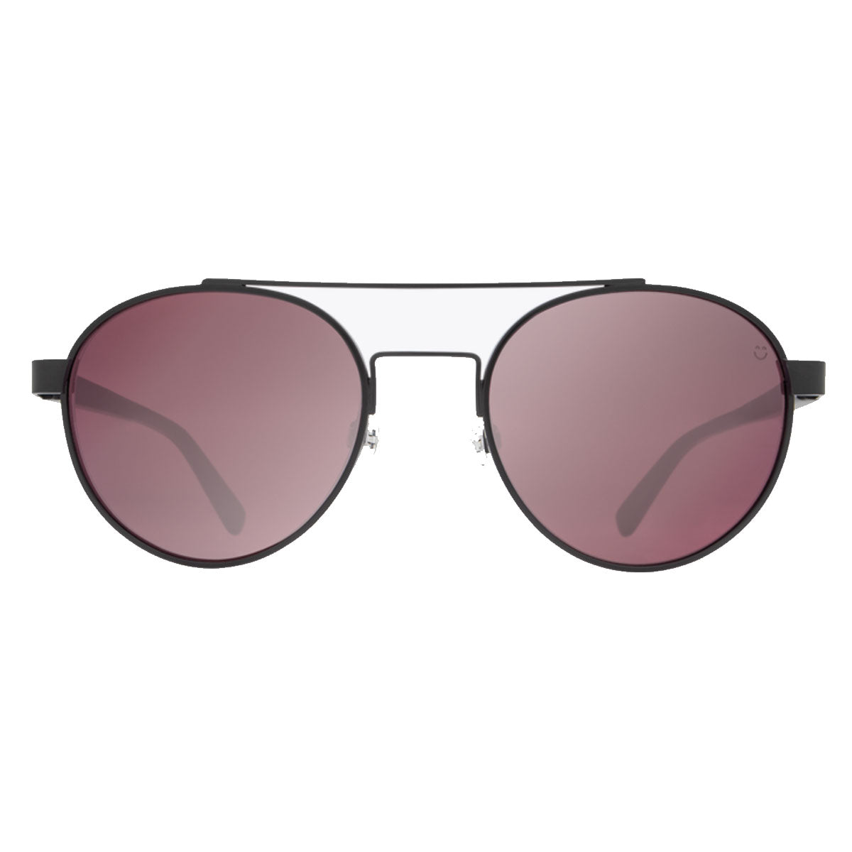 The Spy Deco sunglasses in Matte Black feature thin metal aviator frames and round, rose-tinted lenses that offer UV protection, shown facing forward on a white background. Brand: Spy. Model: Happy Rose.