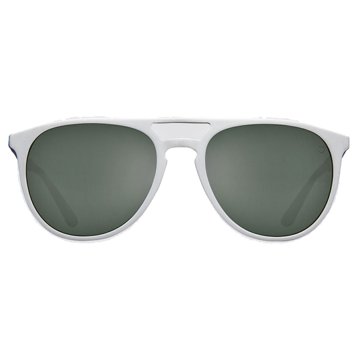 The Spy Syndicate sunglasses by Spy feature a matte white acetate frame with black accents and dark Happy Grey Green lenses, providing stylish UV protection, shown from the front against a plain white background.