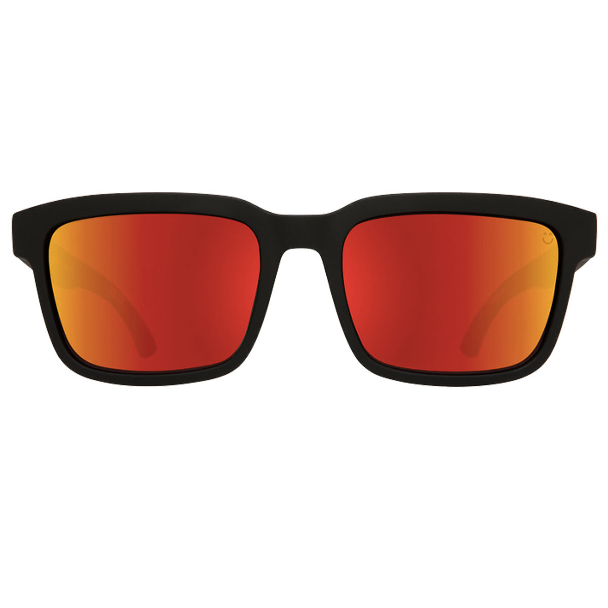 The Spy Helm 2 sunglasses by Spy feature a matte black rectangular frame with Happy Grey Green lenses and a striking red spectra mirror finish, shown facing forward on a white background.