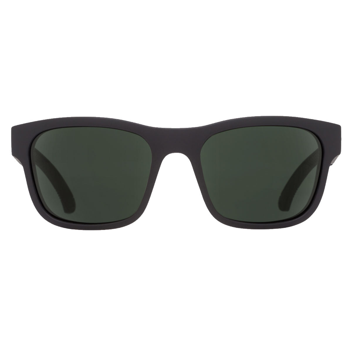 Front view of Spy Hunt sunglasses by Spy in matte black with HD Plus gray green lenses, featuring impact-resistant eyewear on a white background.