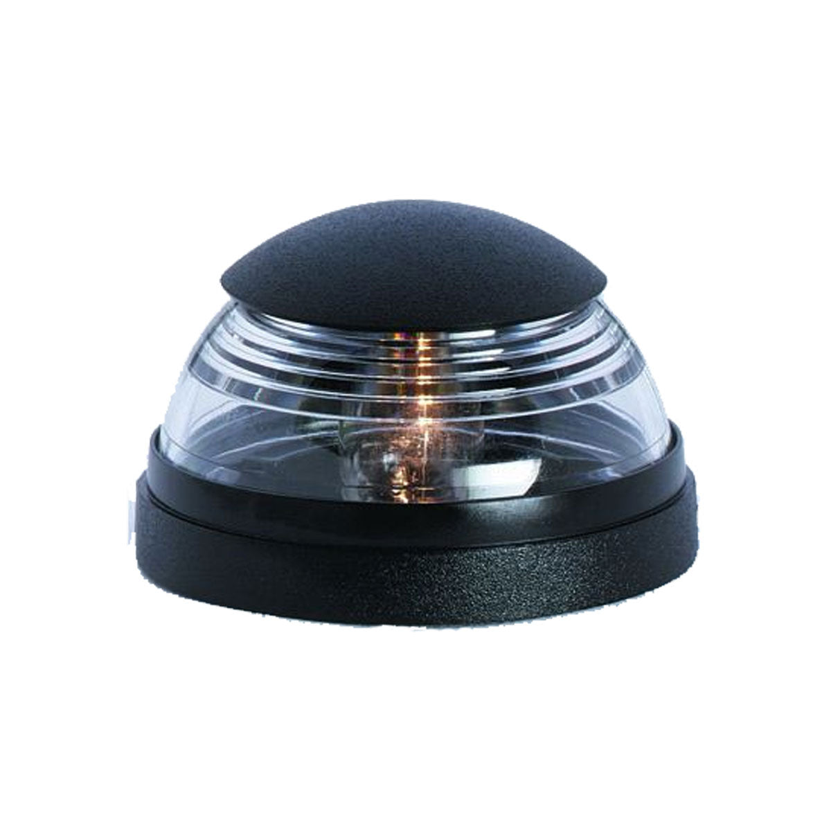 The Attwood Wakeboard Tower Anchor Light by Attwood is a black and clear dome-shaped LED marine navigation light with a ribbed transparent cover and solid black base, perfect for use as a ski boat tower light.