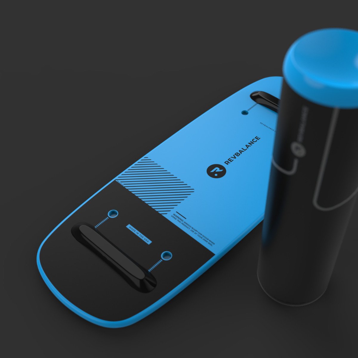 A blue and black Revolution 101 v2 Balance Board next to a battery, perfect for enhancing workout and coordination skills.
