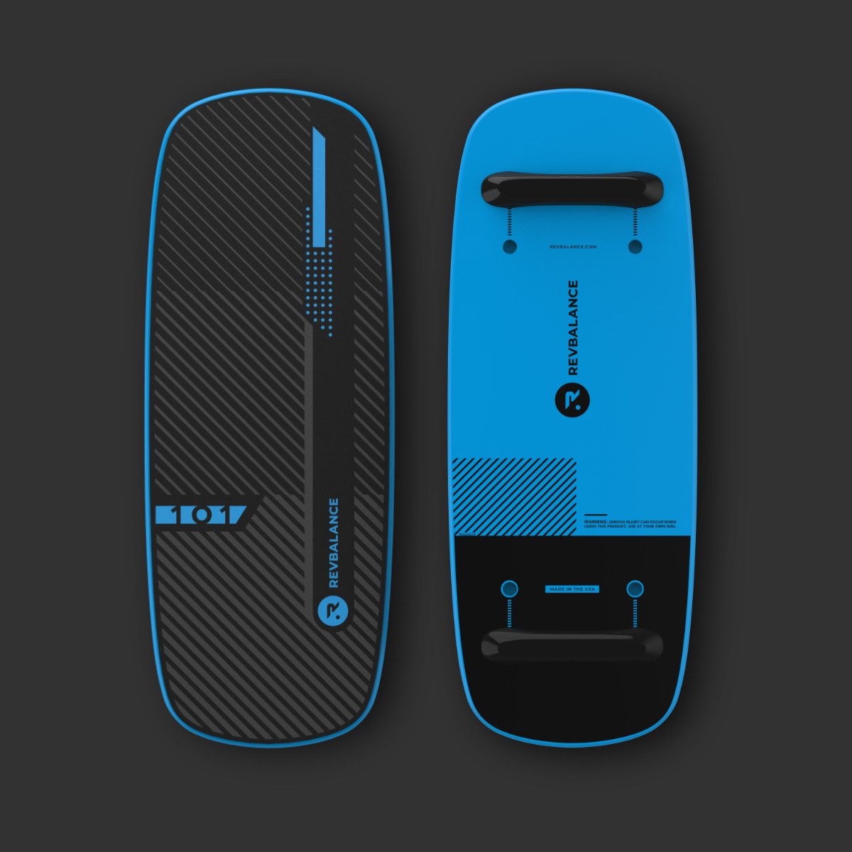A blue and black Revolution 101 v2 Balance Board, on a black background.