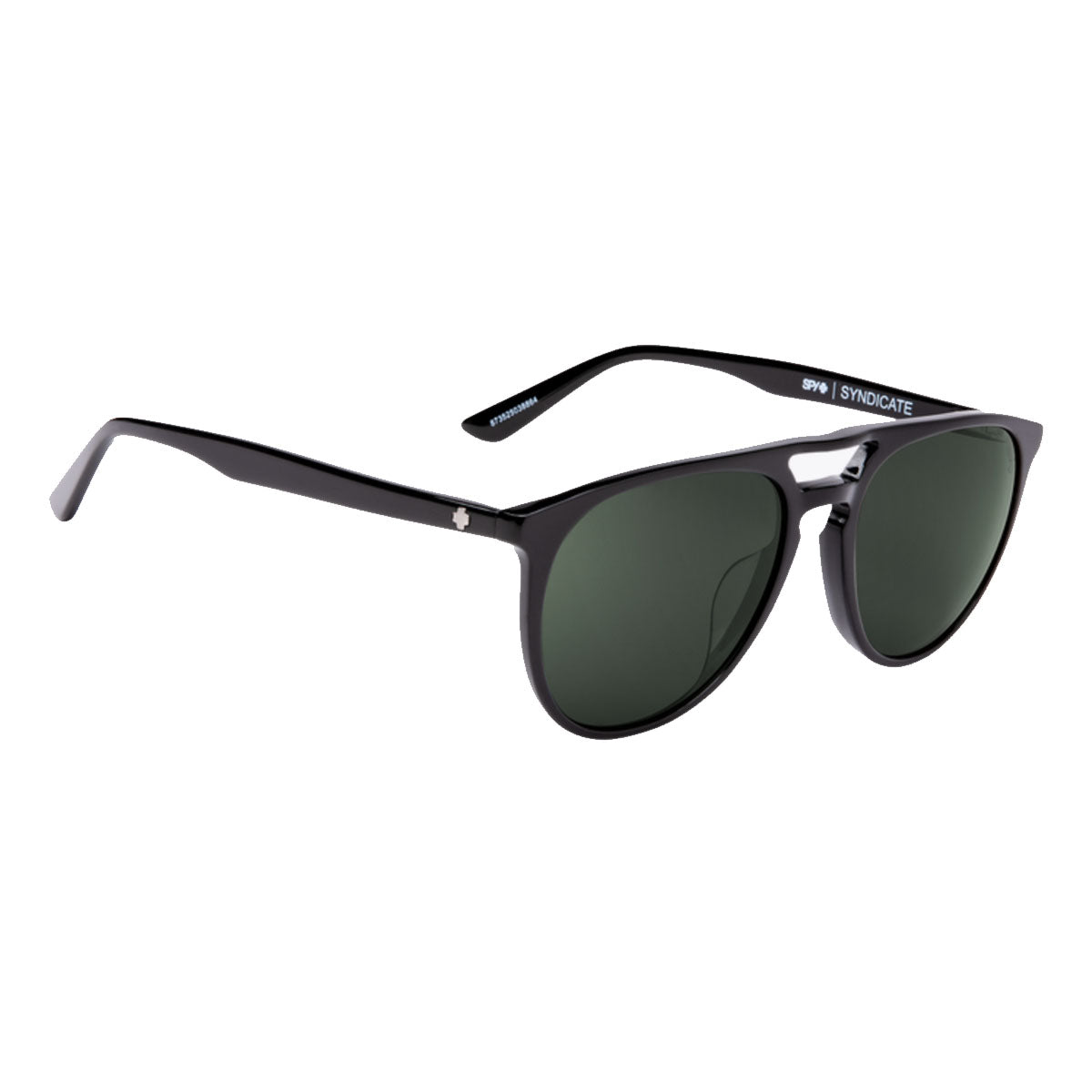 The Spy Syndicate - Black/Happy Gray Green Polar sunglasses feature black acetate aviator frames with dark green lenses, Syndicate branding on the inner arm, a logo near the hinges, and offer reliable UV protection.