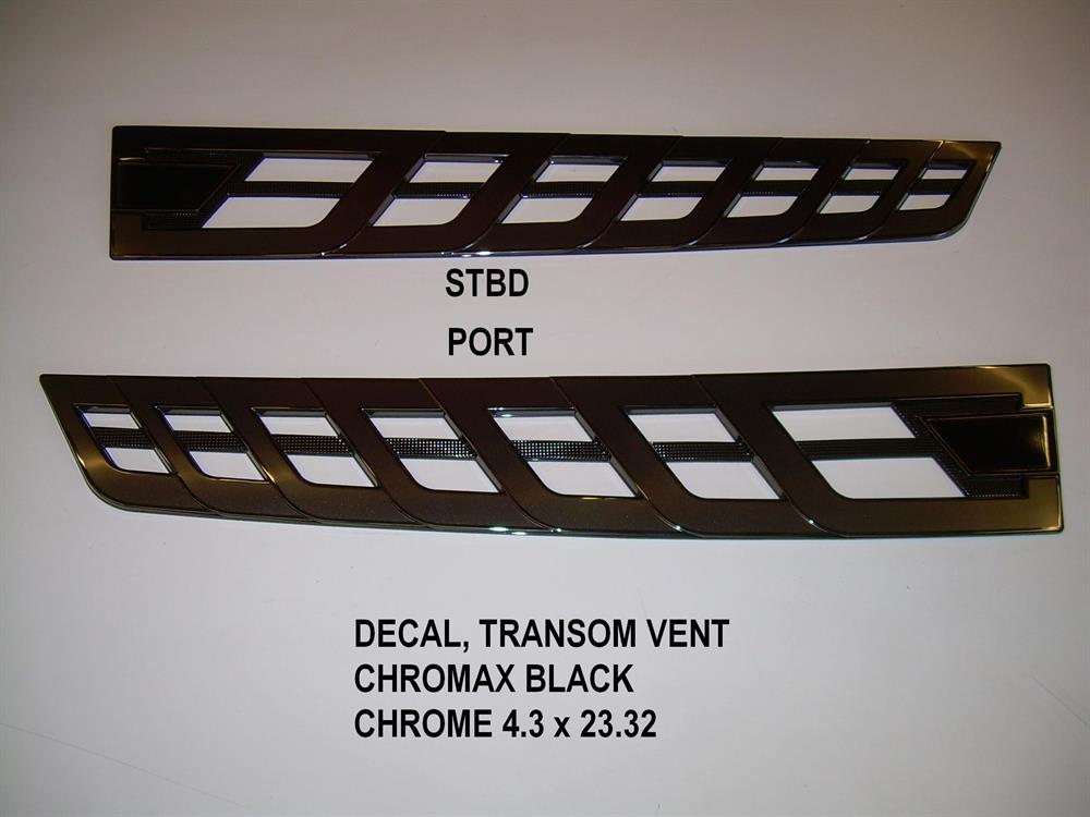 Two Nautique DECAL TRANSOM VENT CHROMAX BLACK CHROME 4.3 x 23.32 (STBD/top and PORT/bottom) with black chrome finish, part number 140013. Brand: Nautique.