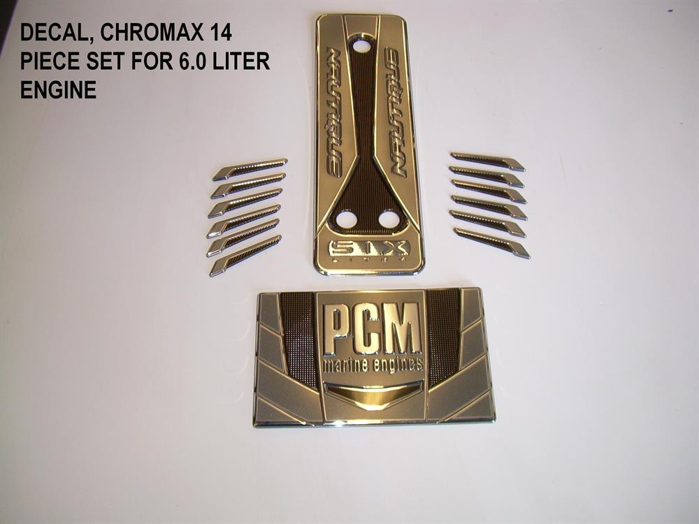 The Nautique DECAL PCM CHROMAX 14 PIECE SET FOR 6.0 LITER ENGINE (140084) features metallic decals, including PCM marine engines and 6.0L Nautique emblems, by Nautique, all displayed on a white background.