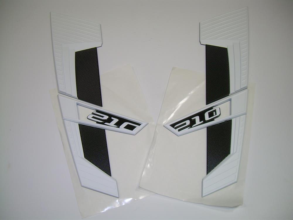 The Nautique DECAL HULLSIDE 210 WHITE CHROMAX SET PORT & STARBOARD (170291) features white and black decals with bold “210” and a diagonal stripe, ideal for hullside identification. Brand: Nautique.