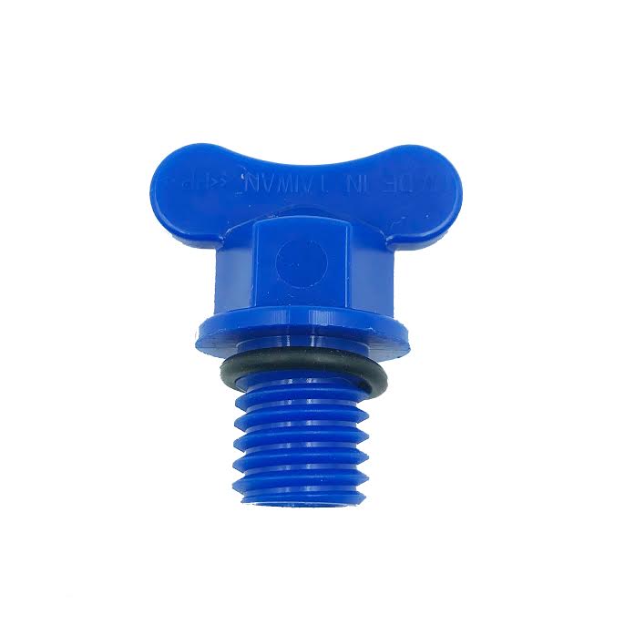 The PCM Drain Plug by PCM is a blue plastic drain plug with a winged top and black rubber O-ring, perfect for sealing threaded openings—ideal for PCM engine winterization.