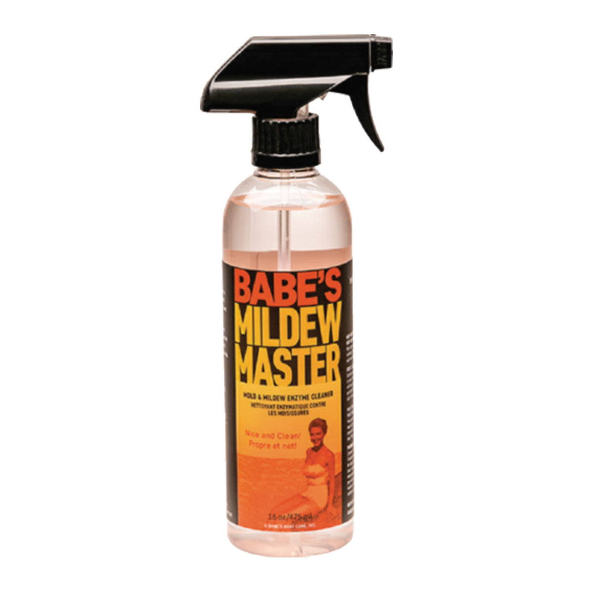 A spray bottle labeled BABE'S Mildew Master Pint by BABE'S Boat Care, featuring a trigger nozzle, bold yellow and red text, and an image of a woman in a swimsuit, designed as a powerful mildew remover.