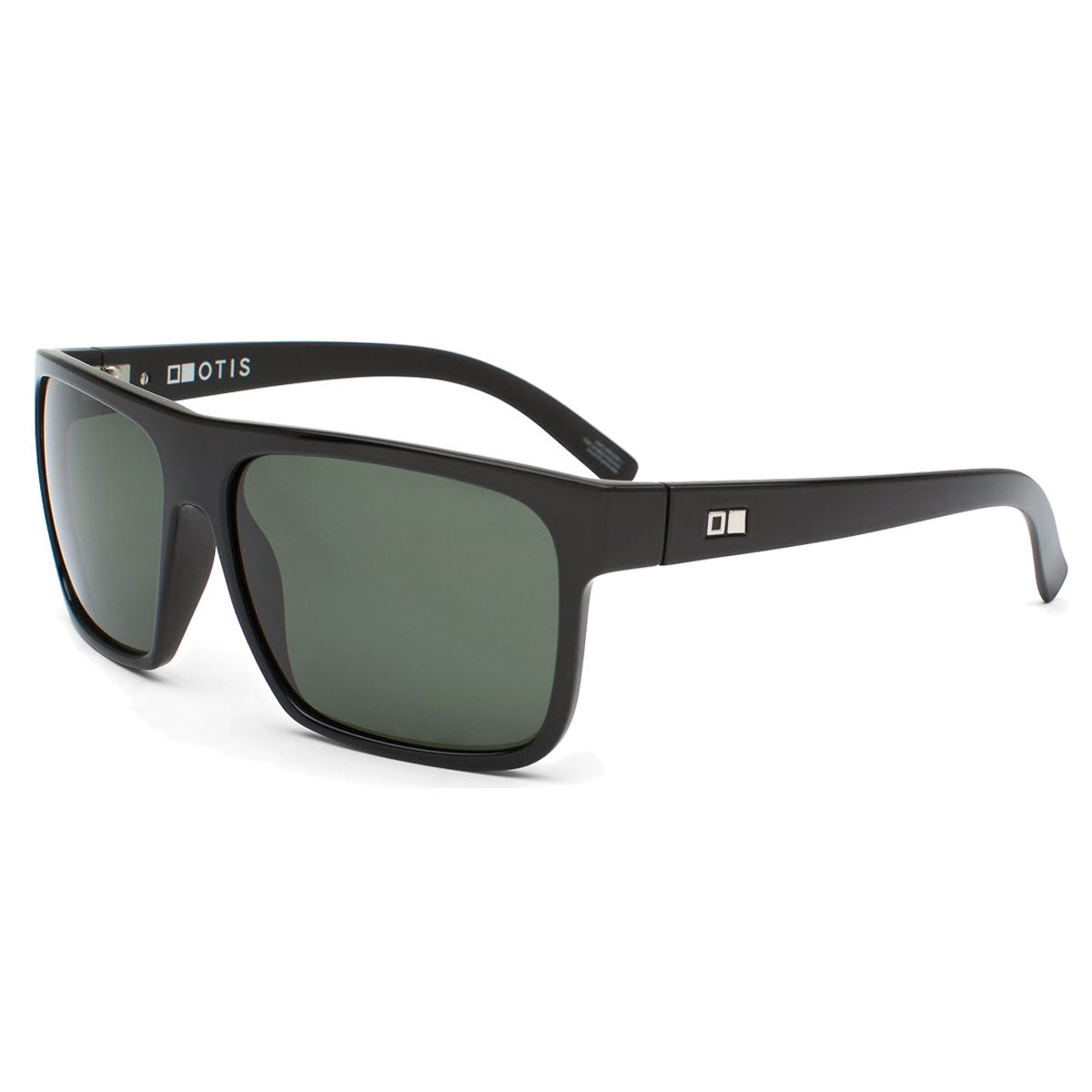 Otis After Dark sunglasses in Matte Black feature L.I.T. Polar Grey lenses, lightweight Swiss Grilamid frames, a silver square temple detail, and OTIS branding on the left arm. Designed for UVA/UVB protection, shown against a white background.