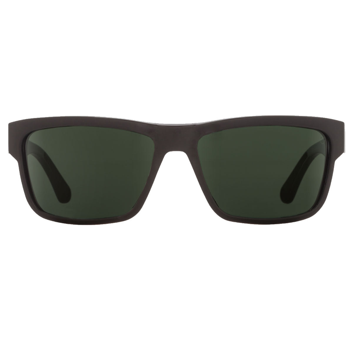 Front view of Spy Frazier sunglasses in black with Happy Gray Green Polar lenses, offering 100% UV protection and durable Grilamid® construction, set against a white background.