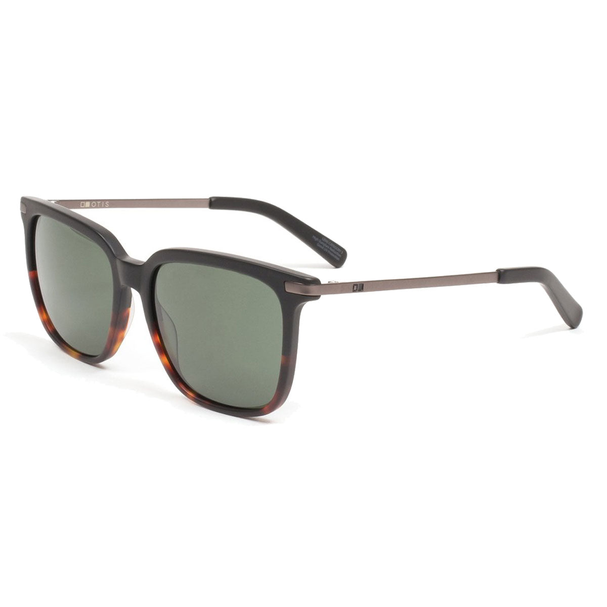The Otis Crossroads sunglasses feature grey polarized mineral glass lenses, a brown tortoiseshell front, matte black thin metal arms with black tips, and a stylish rounded square shape.