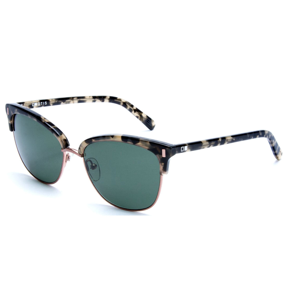 The Otis Little Lies - Black Tort/Grey Polar sunglasses by Otis feature black and white tortoiseshell frames, a rose gold metal bridge, and grey polarized mineral glass lenses for stylish UVA/UVB protection.