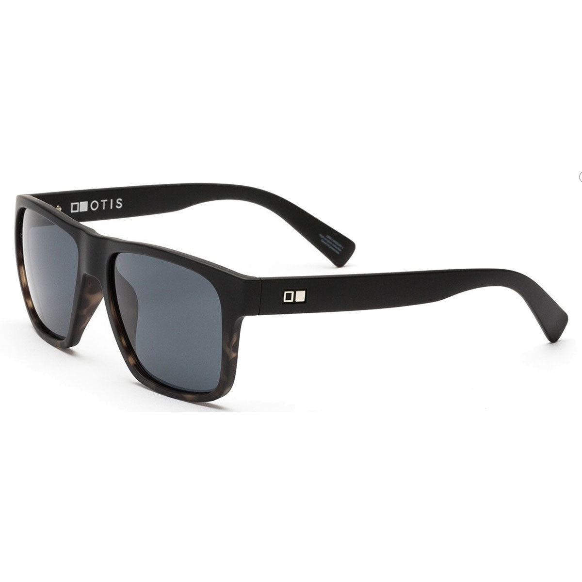 Otis Life on Mars sunglasses by Otis feature a matte black tort frame, grey polarized mineral glass lenses for 100% UVA/UVB protection, subtle square logo on the arms, and are made from lightweight Swiss grilamid. Shown on a plain white background.