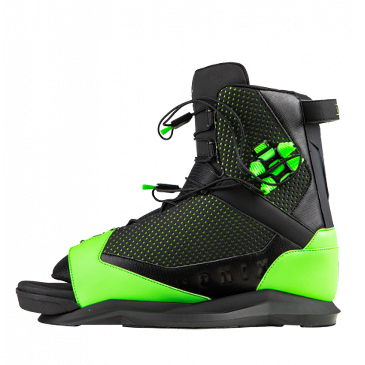 2021 Ronix District Bindings, featuring a customizable fit, in green and black.