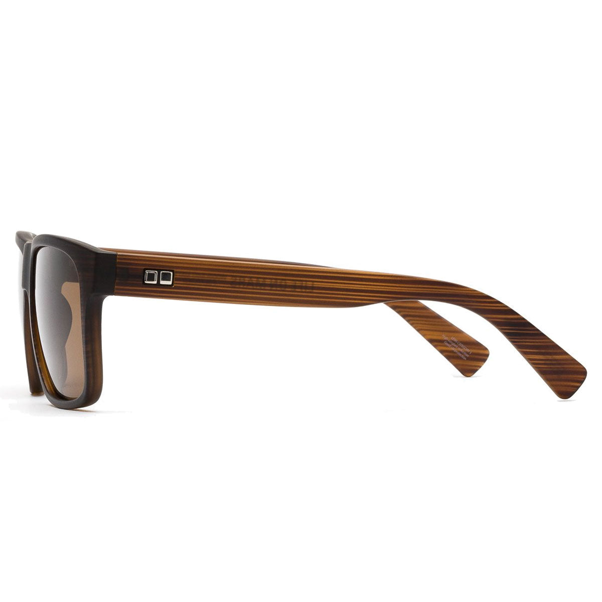 Side view of Otis Life On Mars - Woodland Matte/L.I.T. Polar Brown sunglasses with wood-textured rectangular frames, thick arms featuring a silver geometric logo, and L.I.T. Polar Brown lenses offering 100% UVA/UVB protection.