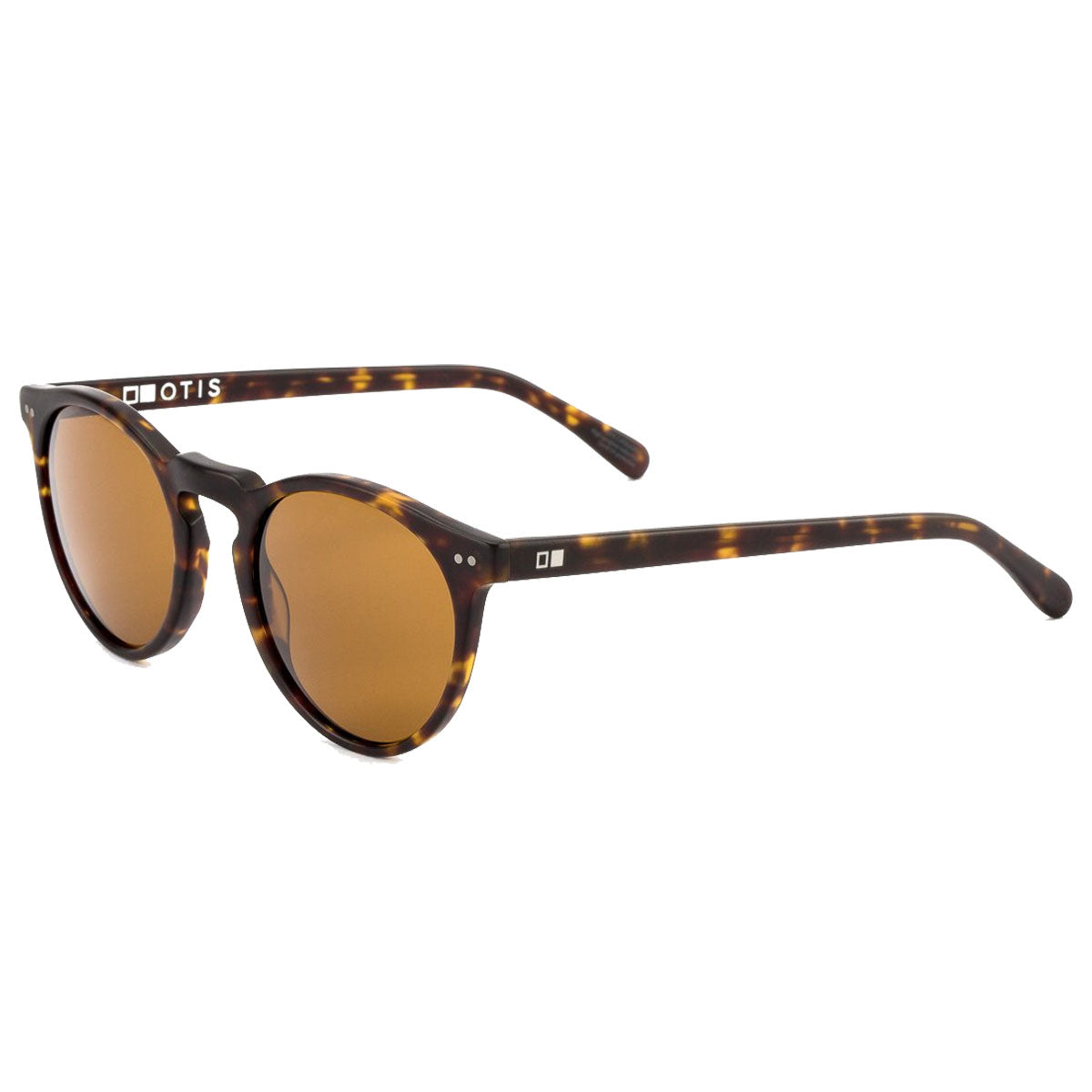 The Otis Omar - Matte Dark Tort/Brown sunglasses feature a tortoiseshell frame with round brown mineral glass lenses for UVA/UVB protection, plus curved arms and white accents near the hinges, displayed on a white background.