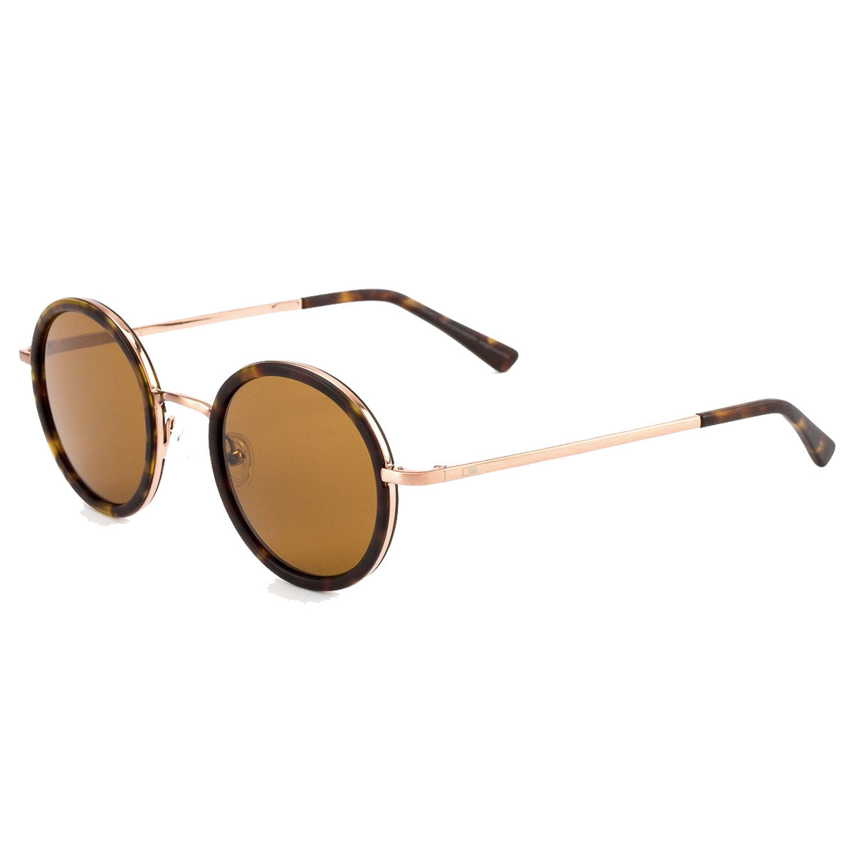 The Otis Winston sunglasses in Matte Dark Tort/Brown Polar feature round brown-tinted mineral lenses, tortoiseshell frames, thin metallic arms with dark tips, and provide UVA/UVB protection. Shown on a white background.