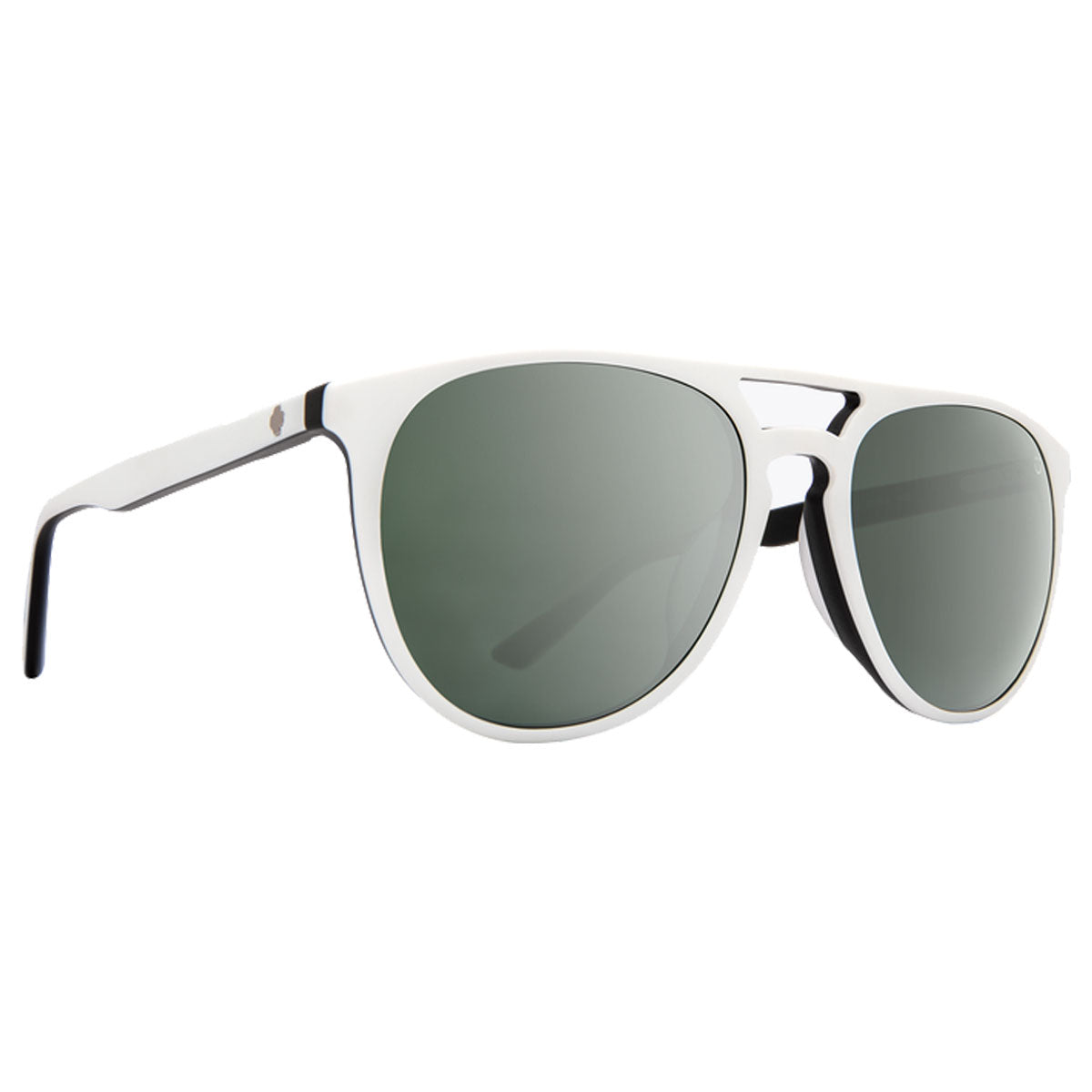 The Spy Syndicate sunglasses feature a matte white frame with black temple tips, Happy Grey Green lenses for UV protection, and a durable acetate build, all shown on a white background.