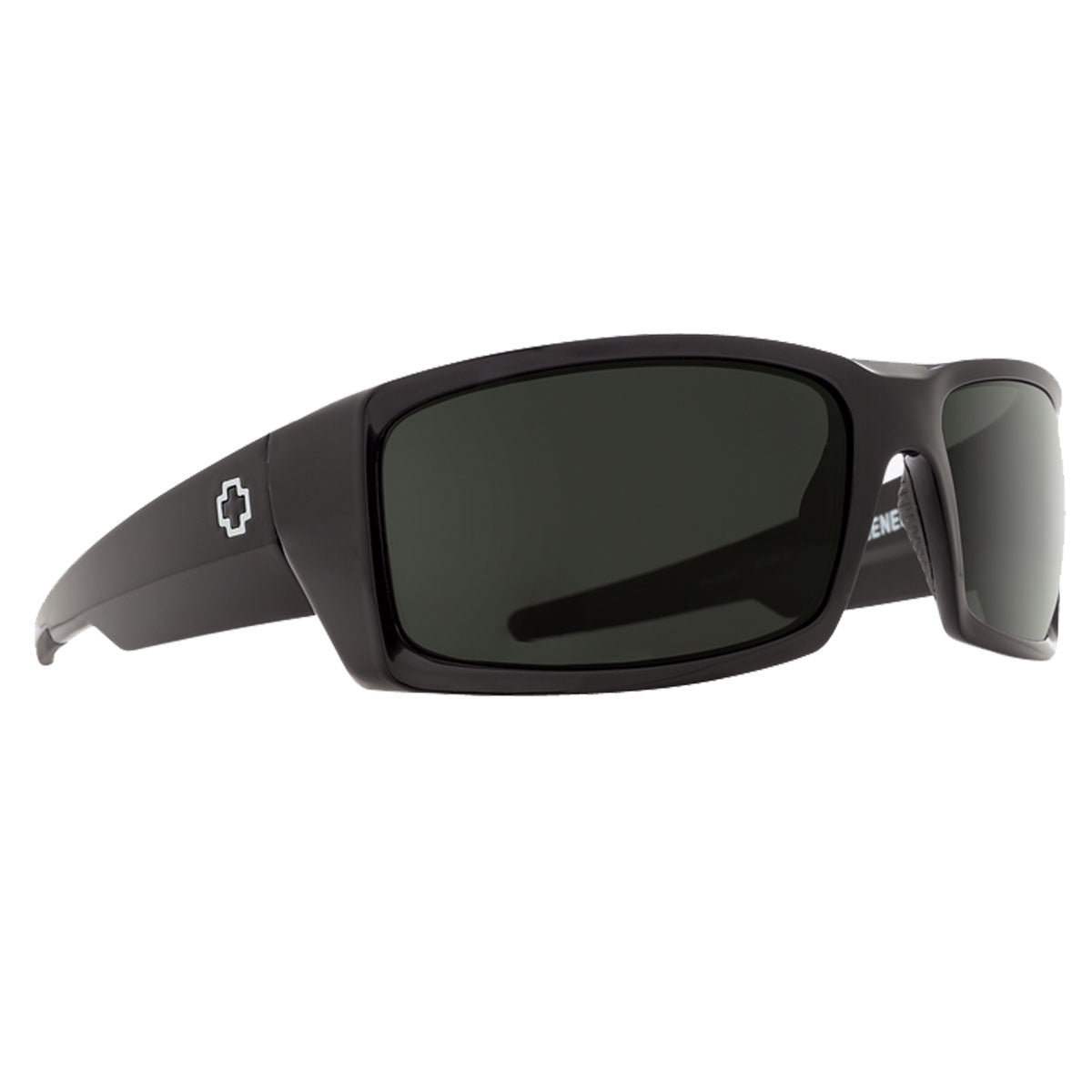 Spy General sunglasses by Spy feature a black rectangular wraparound frame with thick arms, dark Happy Gray Green lenses, and a white cross logo on the side. Enjoy stylish UV protection wherever you go.