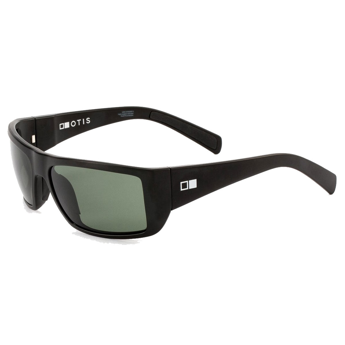 The Otis Portside - Matte Black/Grey Polar sunglasses feature a matte black rectangular frame with grey polarized lenses, a subtle square logo by the hinge, "OTIS" on the left arm, and 100% UVA/UVB protection for stylish sun coverage.